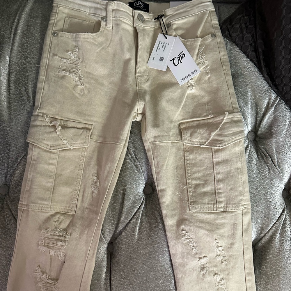 Boys Cream Distressed Jeans